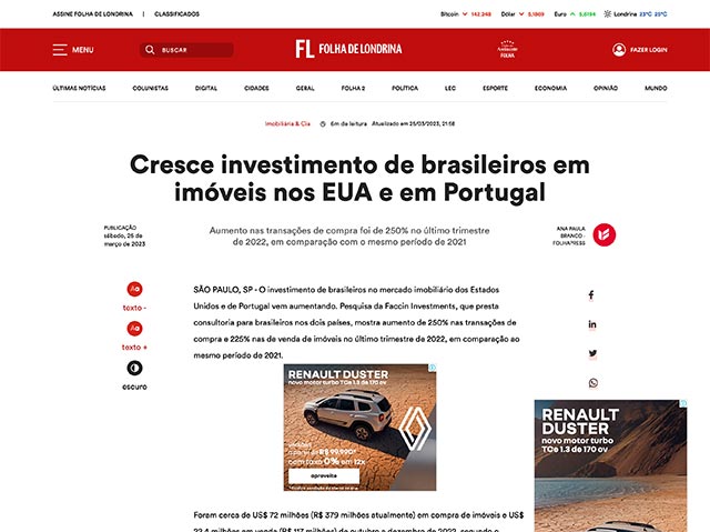 Cresce investimento de brasileiros em imóveis nos EUA e em Portugal