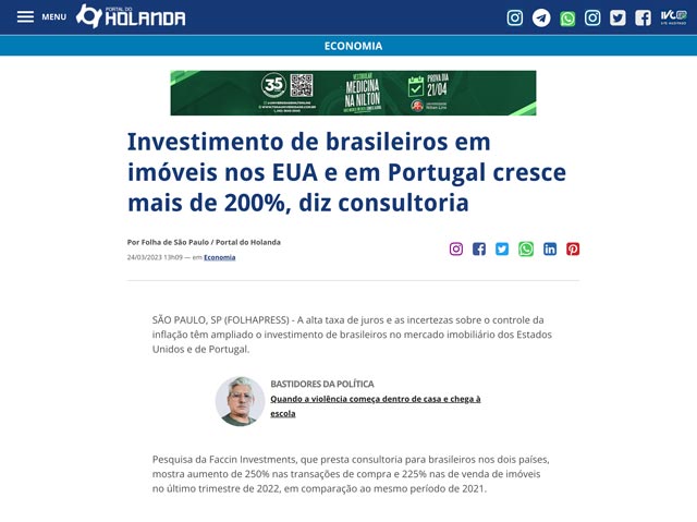 Investimento de brasileiros em imóveis nos EUA e em Portugal cresce mais de 200%, diz consultoria